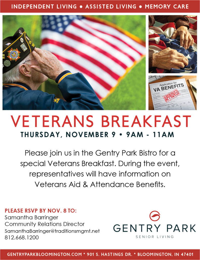 This is a flyer of the Traditions Gentry Park Veterans Breakfast event on November 9th