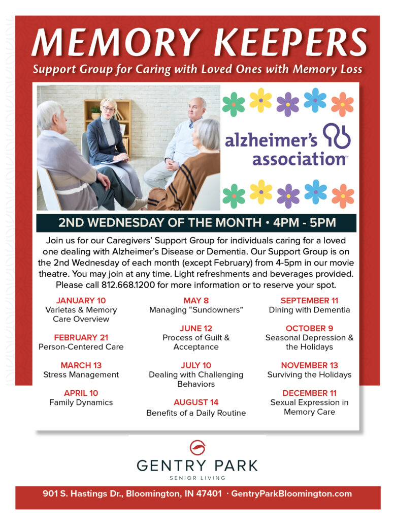 Memory Keepers 2024 Flyer. 2nd Wednesday of the month with the dates at the bottom. Gentry Park Senior Living logo at the bottom with address and website