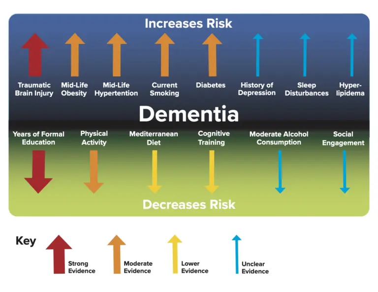 Dementia Graph showing the increased and decreased risks with the red, yellow, orange, and blue arrows.